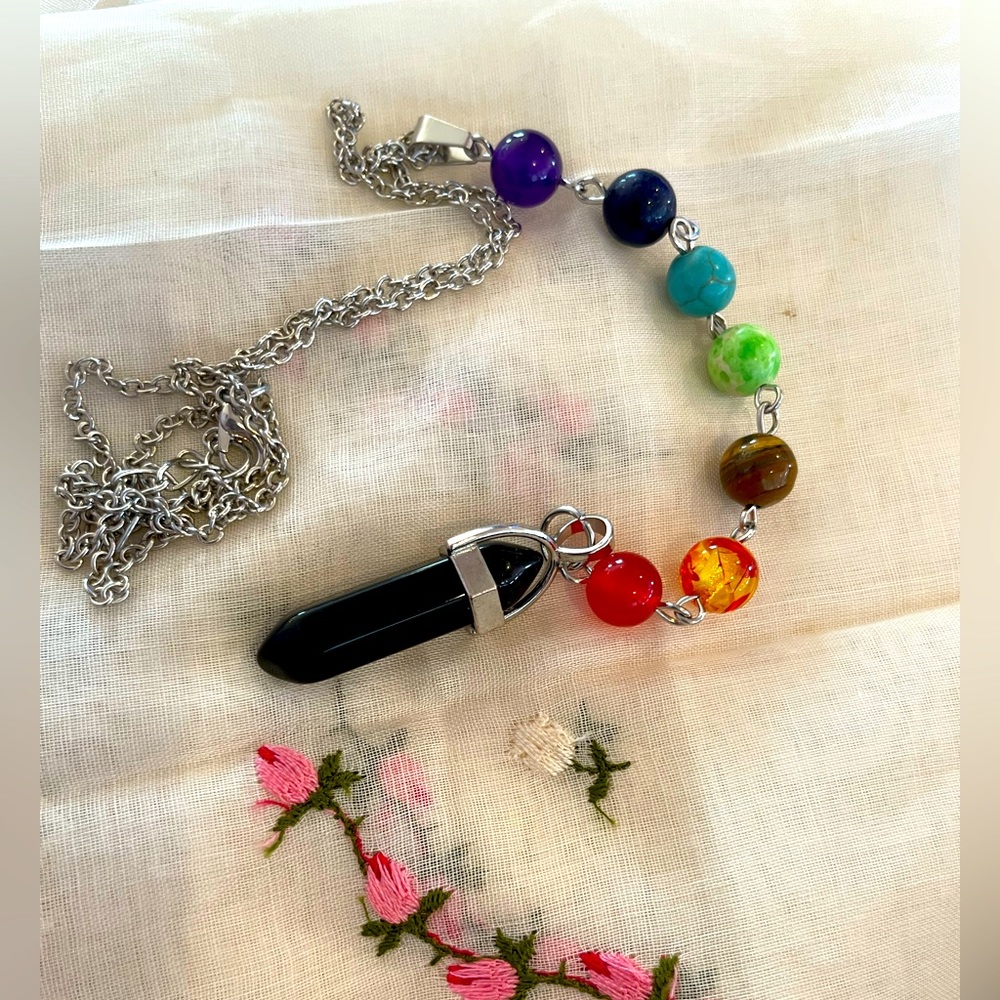 NWOTS Black Onyx Gems Stone Pendulum Chakra Necklace Chain
